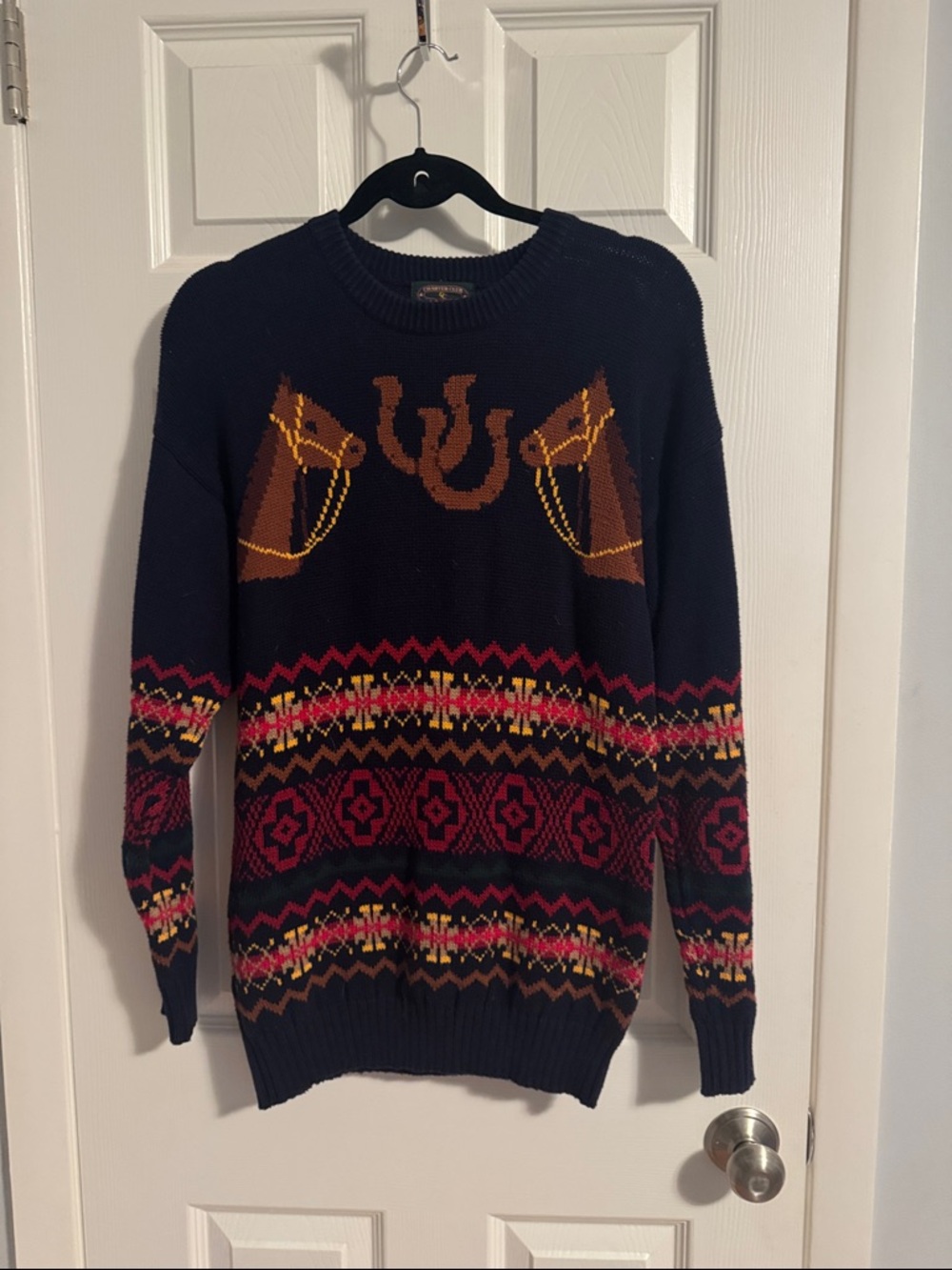 Charter Club Navy Crewneck Sweater with Horse Motif and Multicolor Fair Isle